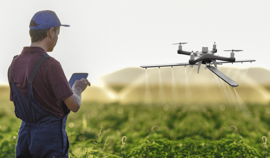 A drone monitors crop health in a vast farmland, exemplifying drone innovation in agriculture.