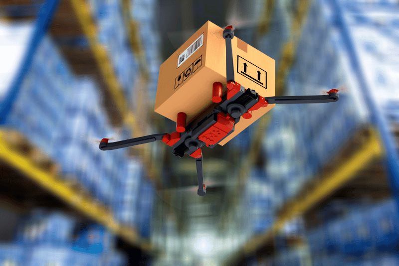 A drone at a warehouse, ready to dispatch a delivery package.