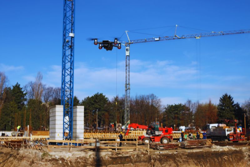 Drones provide a bird's-eye view of construction sites, enabling real-time monitoring and progress tracking.