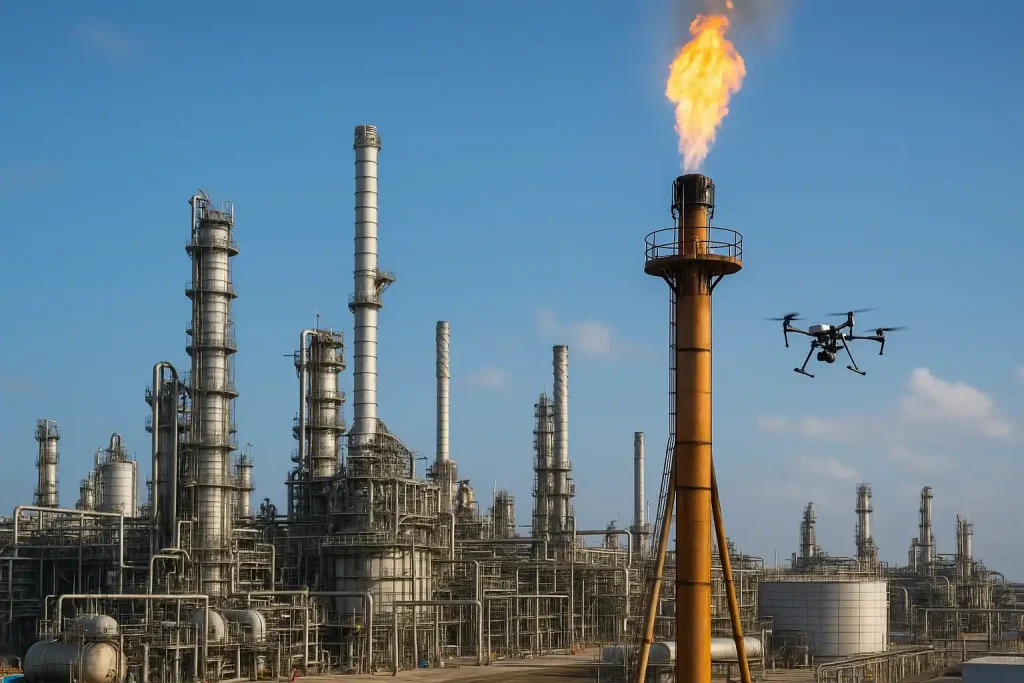 Drone performing industrial inspection of a refinery in Saudi Arabia.
