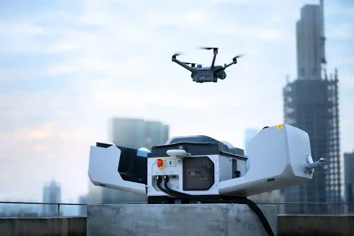 DJI Dock 3 drone monitoring a smart city.