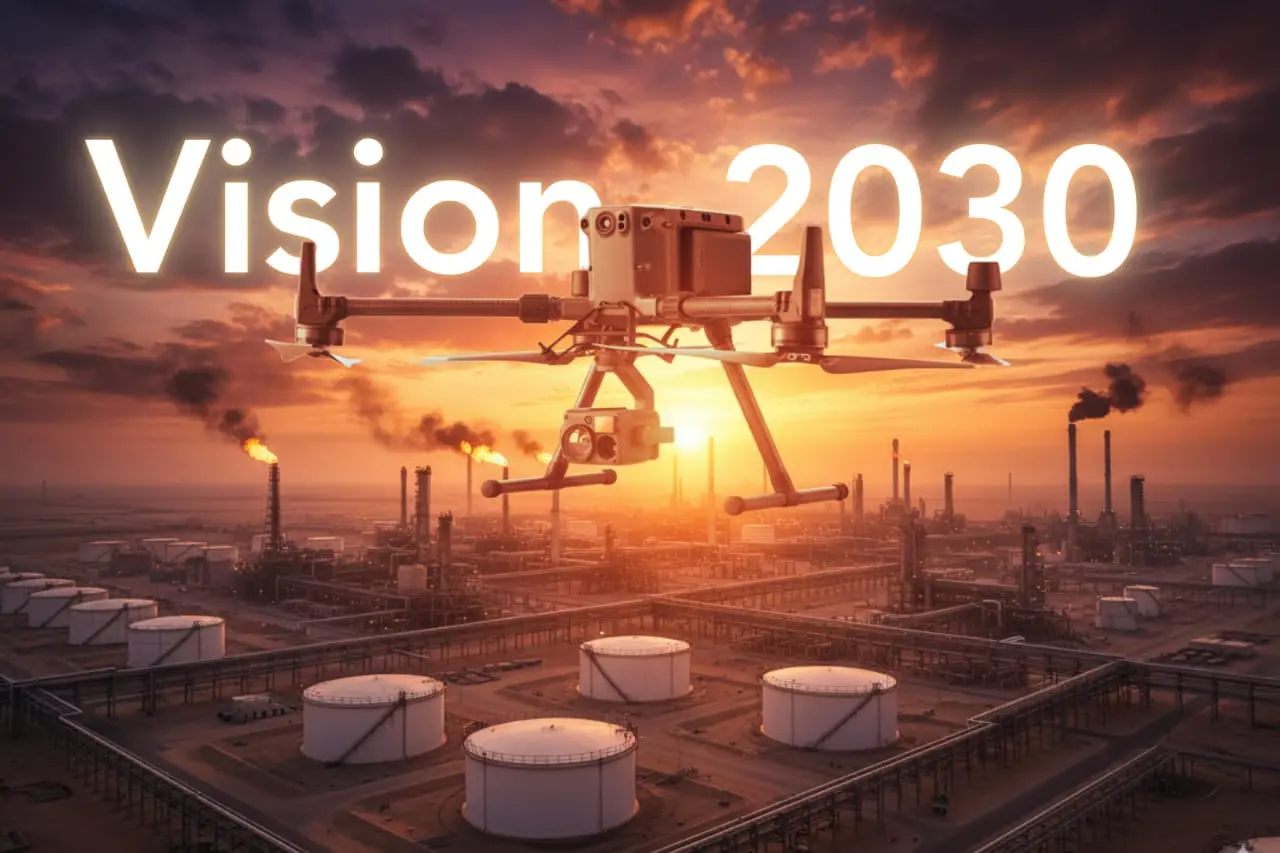 Drone flying over oil refinery as part of Saudi Vision 2030.