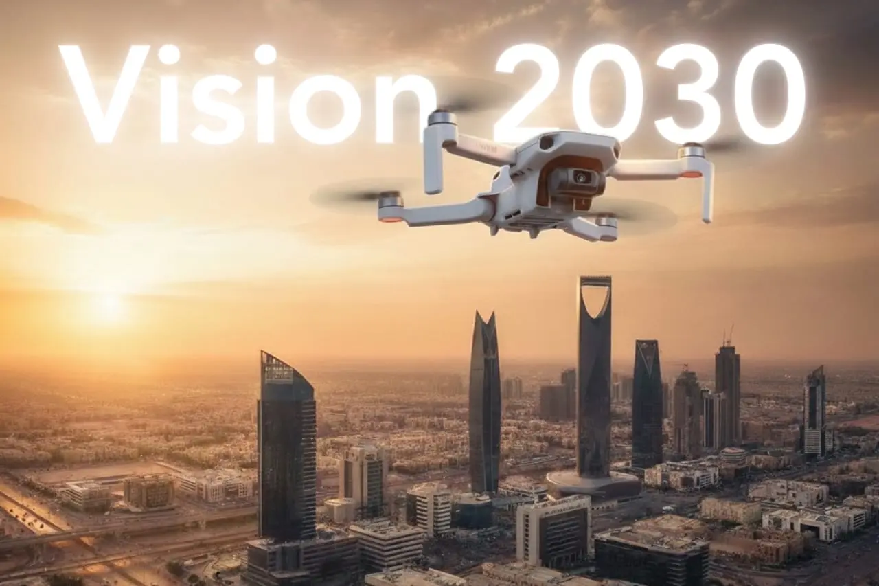 Drone flying over Riyadh city as part of Vision 2030 transformation.