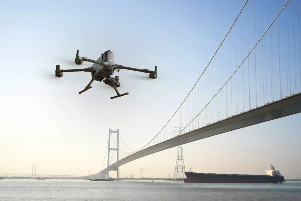 Drone highway inspection for bridge structural integrity.