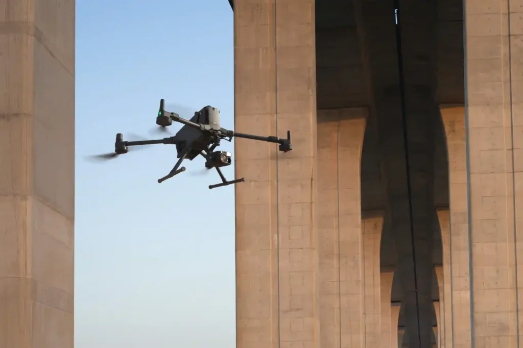 Drone topographic mapping for bridge structural integrity.
