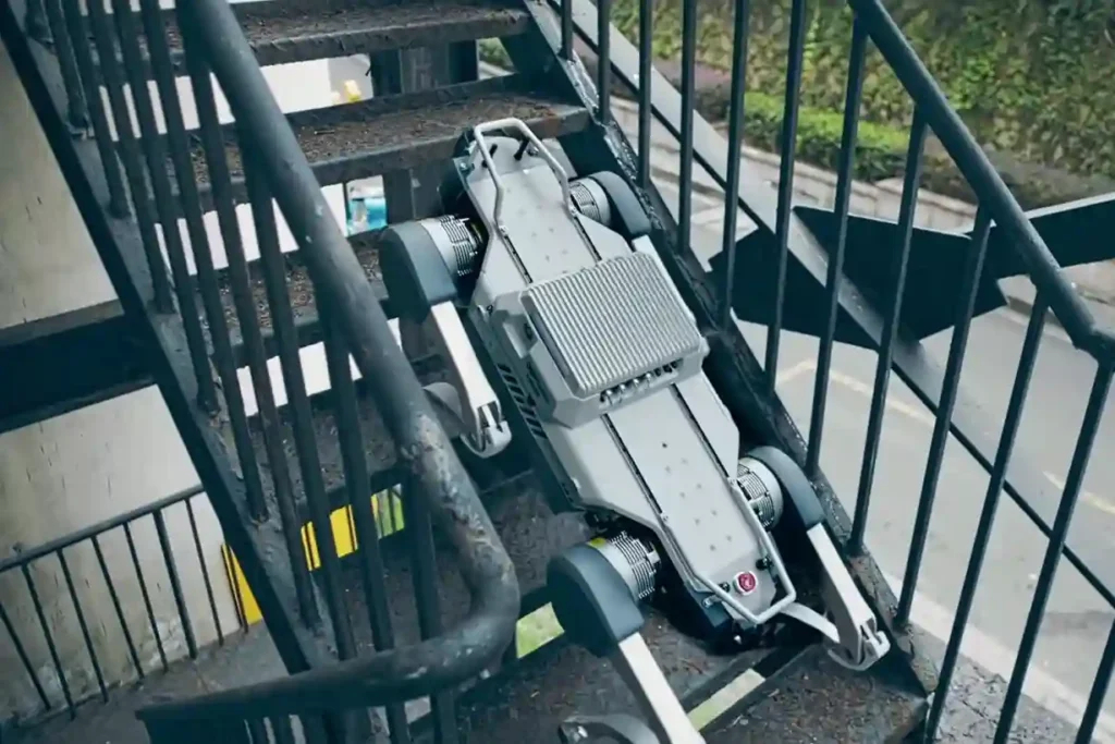 Deep Robotics X30 quadruped robot climbing stairs for Ground Robotics for Inspection.