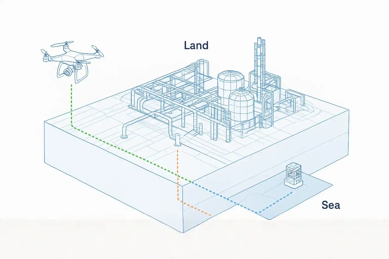Unified Digital Twin showing integrated data from Air, Land, and Sea.