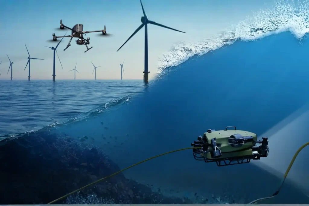 Drone and ROV ensuring offshore environmental compliance.