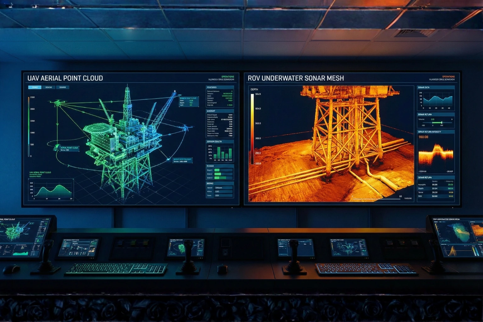 Unified Digital Twin dashboard showing fused UAV aerial data and ROV subsea sonar data.