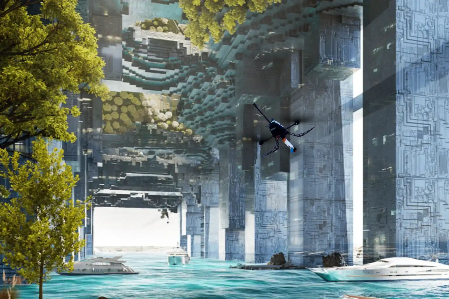 Voliro T drone performing contact inspection in narrow space.