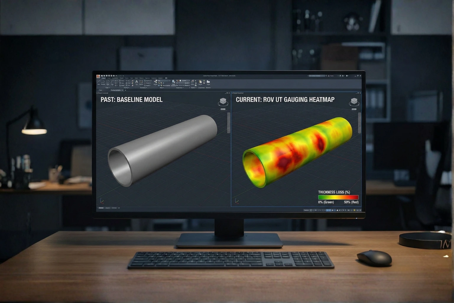 3D subsea pipe corrosion heatmap generated from ROV ultrasonic thickness measurements.