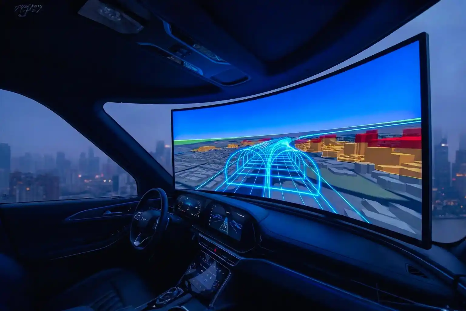 Autonomous Air Taxi Navigation synthetic vision display showing 3D terrain and flight path.