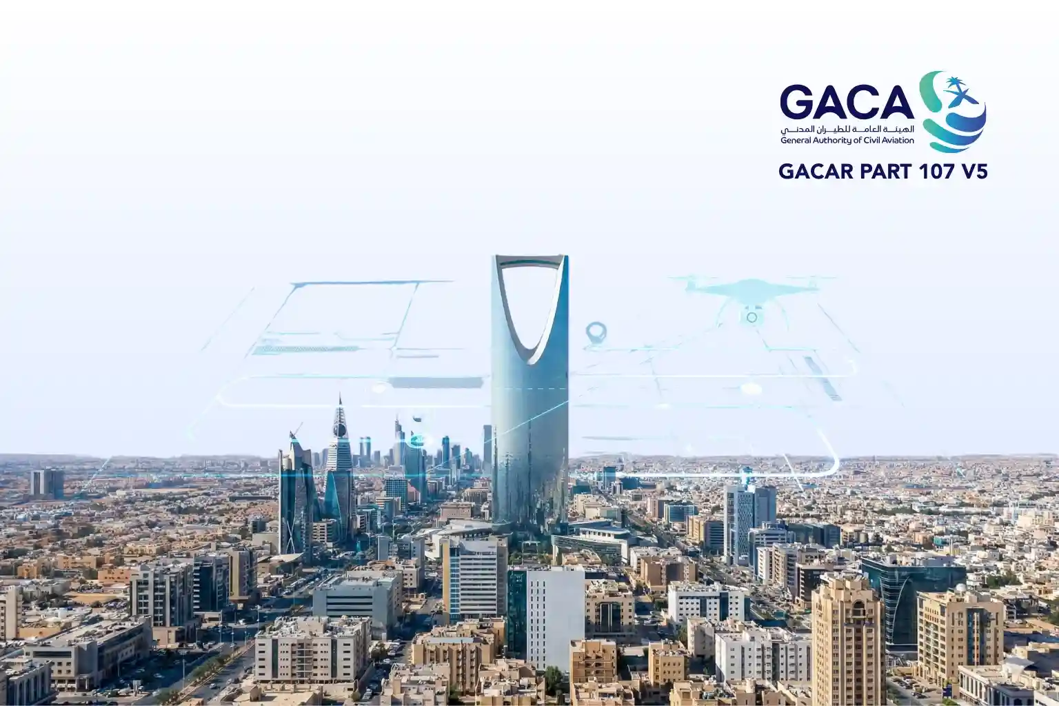 Visual representation of GACA 107 V5 drone regulations over a Saudi Arabian urban skyline.