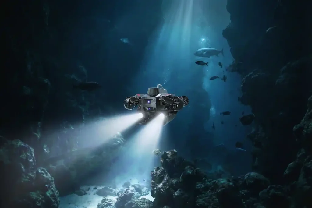 Front view of the FIFISH PRO W6 underwater ROV with dual 4K cameras and 12,000-lumen lights.