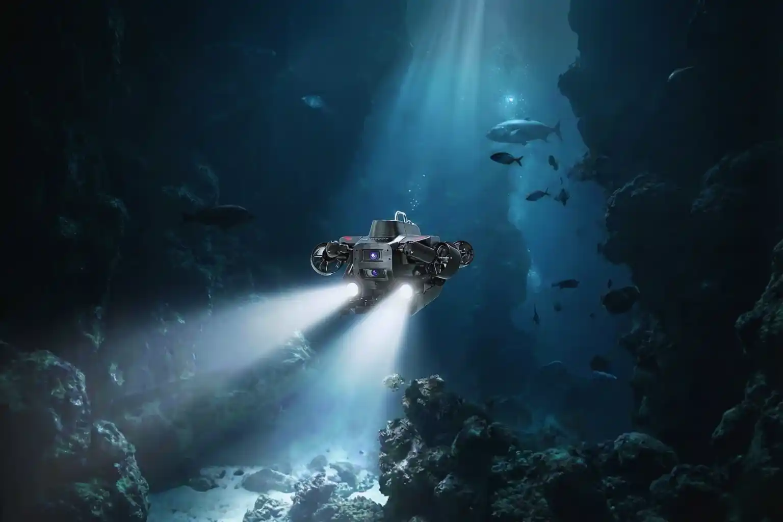 Front view of the FIFISH PRO W6 underwater ROV with dual 4K cameras and 12,000-lumen lights.