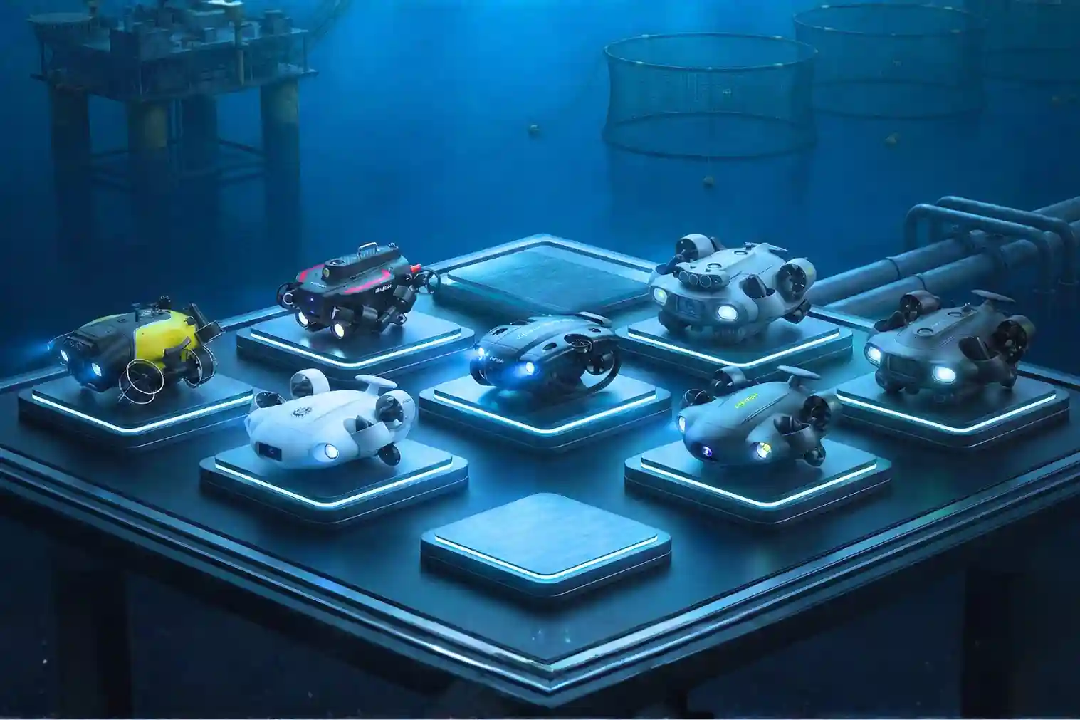 Full QYSEA FIFISH ROV lineup showing industrial underwater drones for inspection, aquaculture, and offshore energy.