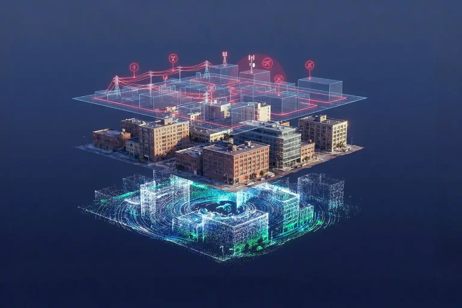 Layered Digital Twin model showing LiDAR, photogrammetry, and obstacle data.