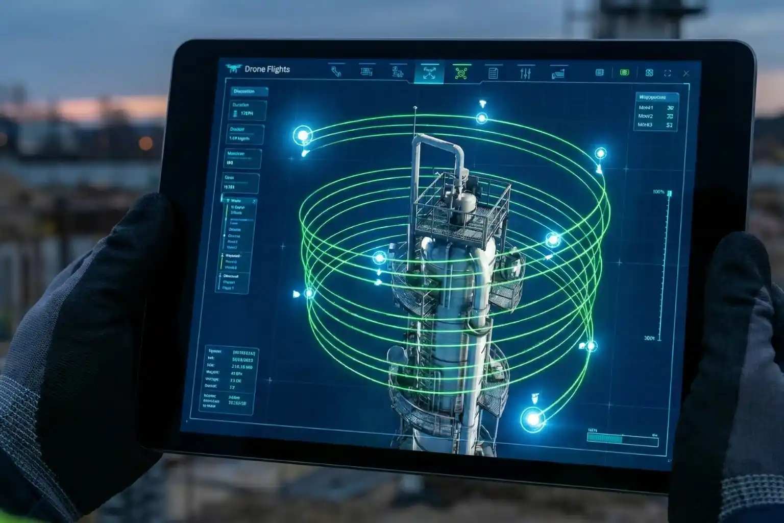 Tablet screen displaying a 3D perimeter drone flight plan in the ArcGIS Flight app.