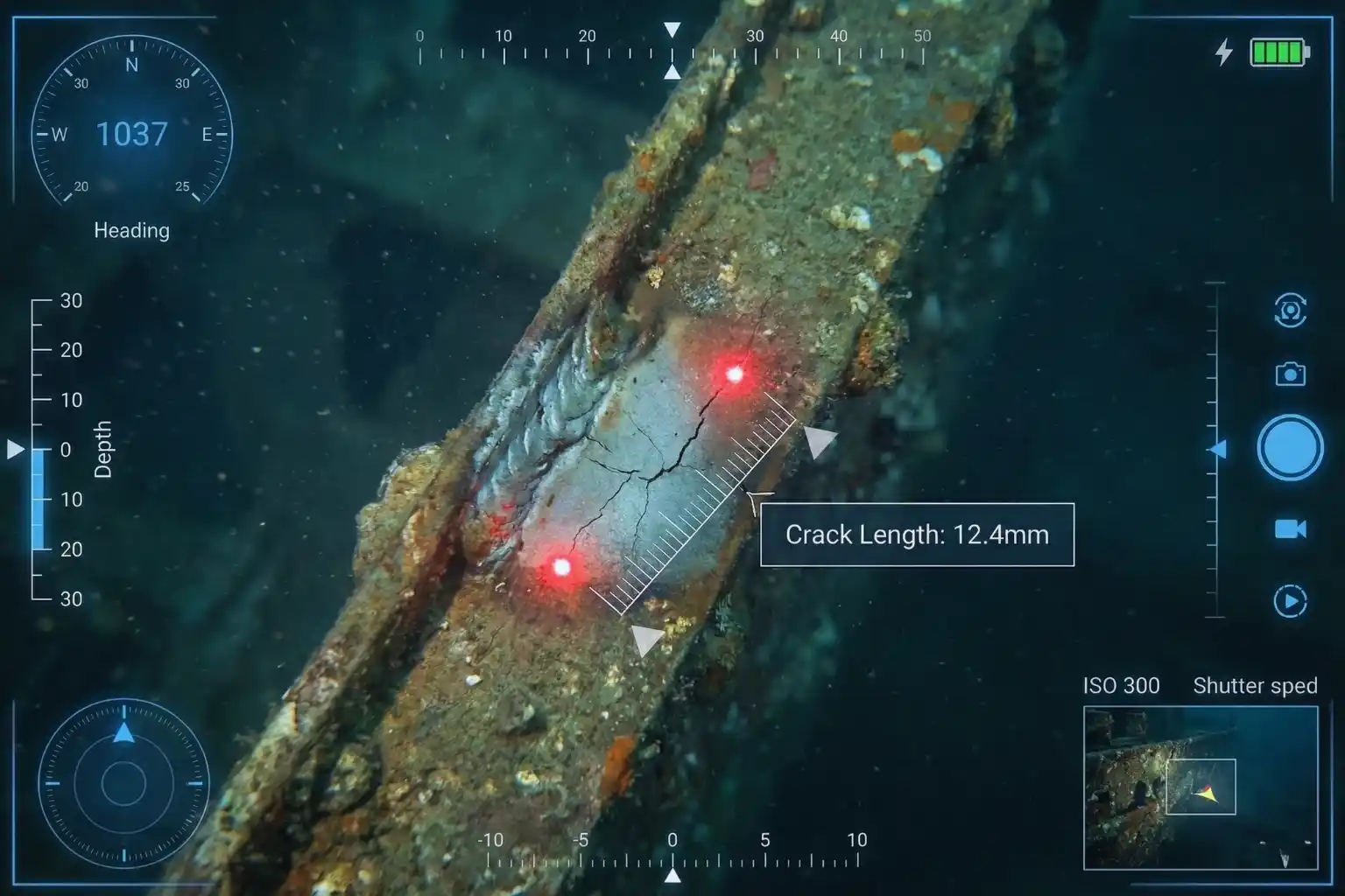 Underwater ROV interface showing AR and Laser rulers measuring a crack on a submerged hull.