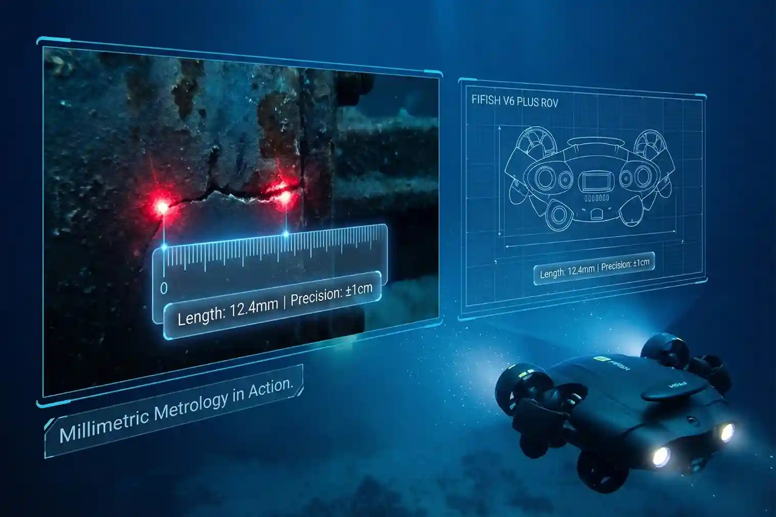 FIFISH V6 PLUS interface using AR Ruler and laser scaler to measure a structural crack with millimeter precision.
