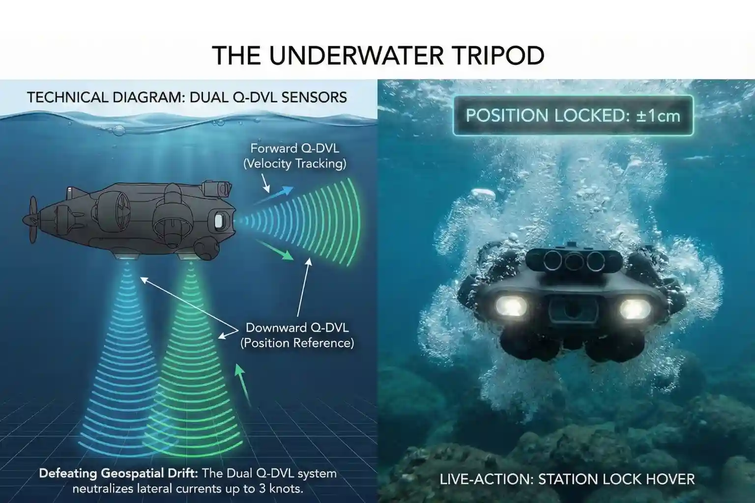 Technical diagram and live-action shot of the FIFISH E-Master dual Q-DVL sensors maintaining a stable hover in 3-knot currents.