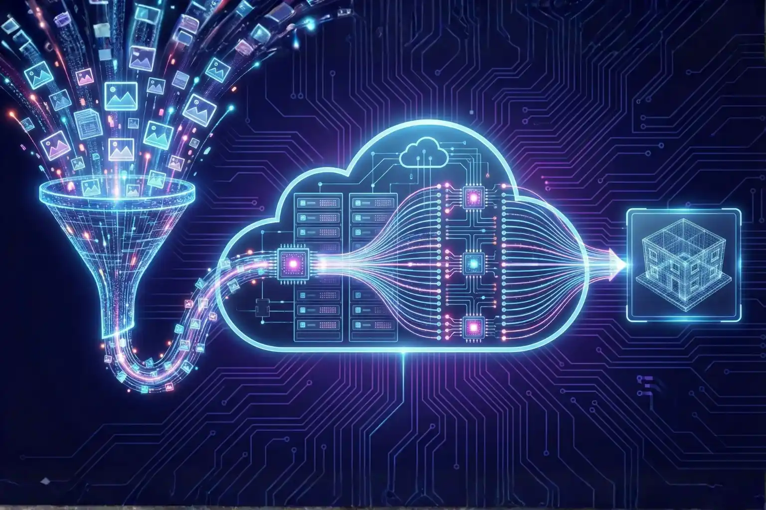 Conceptual diagram illustrating massive parallel cloud processing of drone imagery into 3D models.