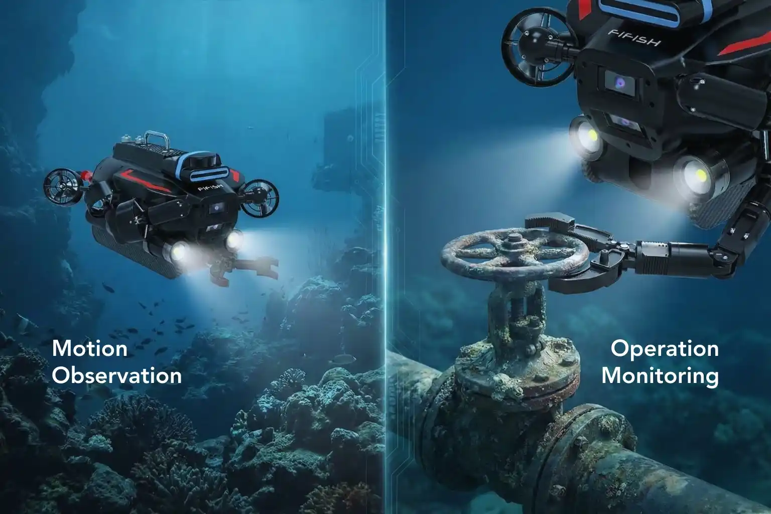 Split-screen view of FIFISH PRO W6 dual-camera system showing wide-angle and close-up monitoring.