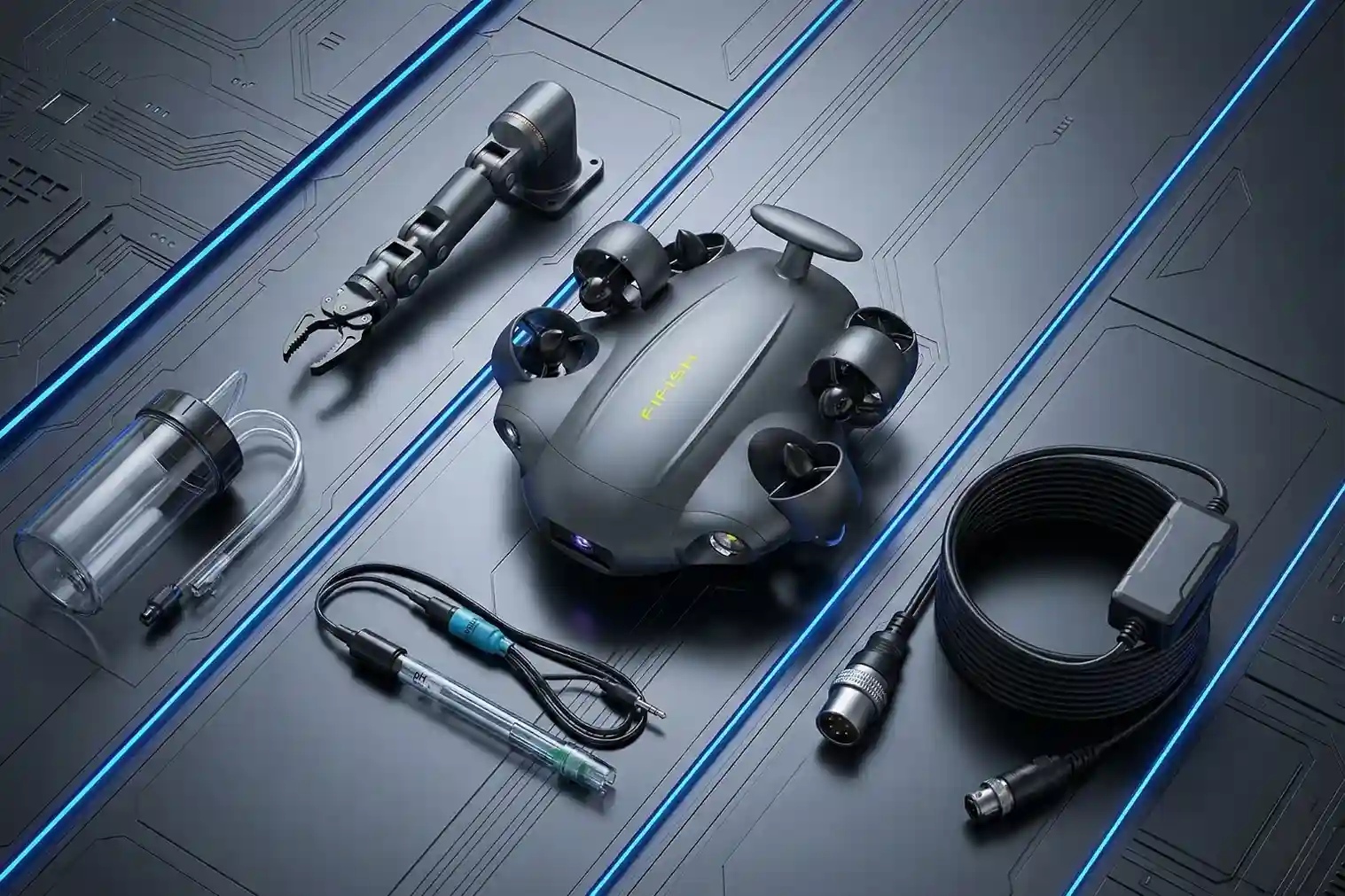 FIFISH V6 EXPERT ROV with various modular attachments including a robotic arm, sensors, and water sampler.
