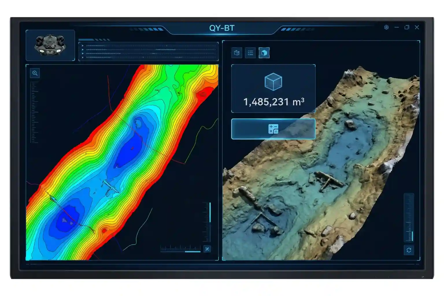 QY-BT software interface displaying 3D topographic models and 2D depth-color maps for reservoir capacity calculation.