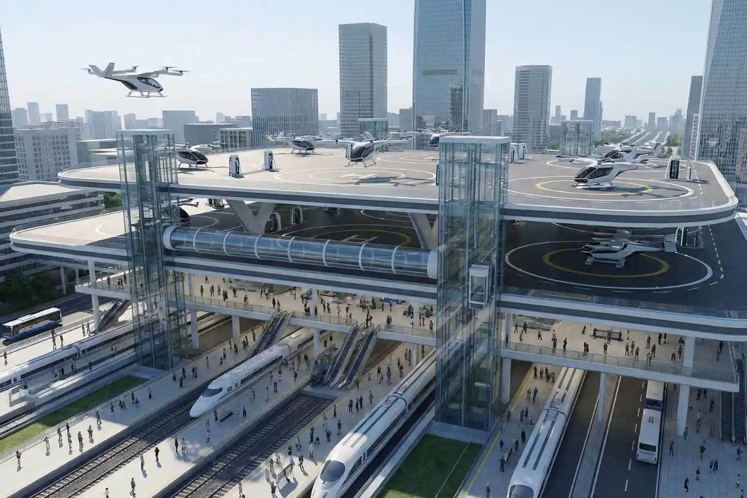 Multi-modal vertiport hub connecting air taxis with ground public transit.