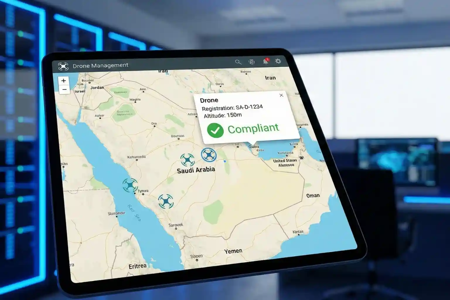 Digital interface showing Remote ID and GACA V5 compliance for a fleet of industrial drones.