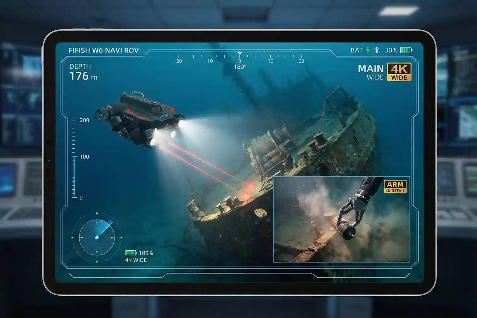 W6 NAVI dual 4K camera display showing coordinated navigation and robotic arm monitoring for search and rescue.