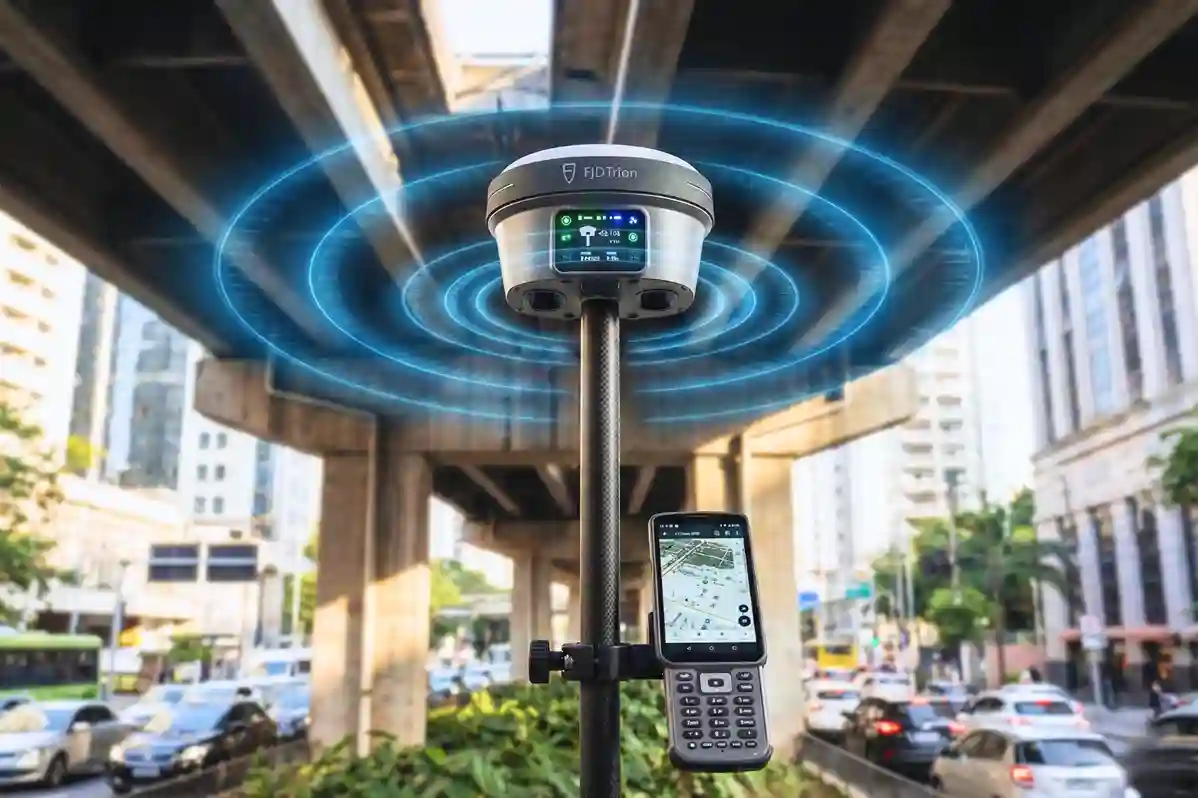 FJD Trion V10i Visual RTK receiver on a surveying pole in a city environment.