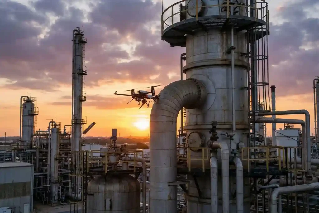 Voliro T drone with tiltable rotors applying 30 N of stable force to a vertical storage tank for NDT inspection.