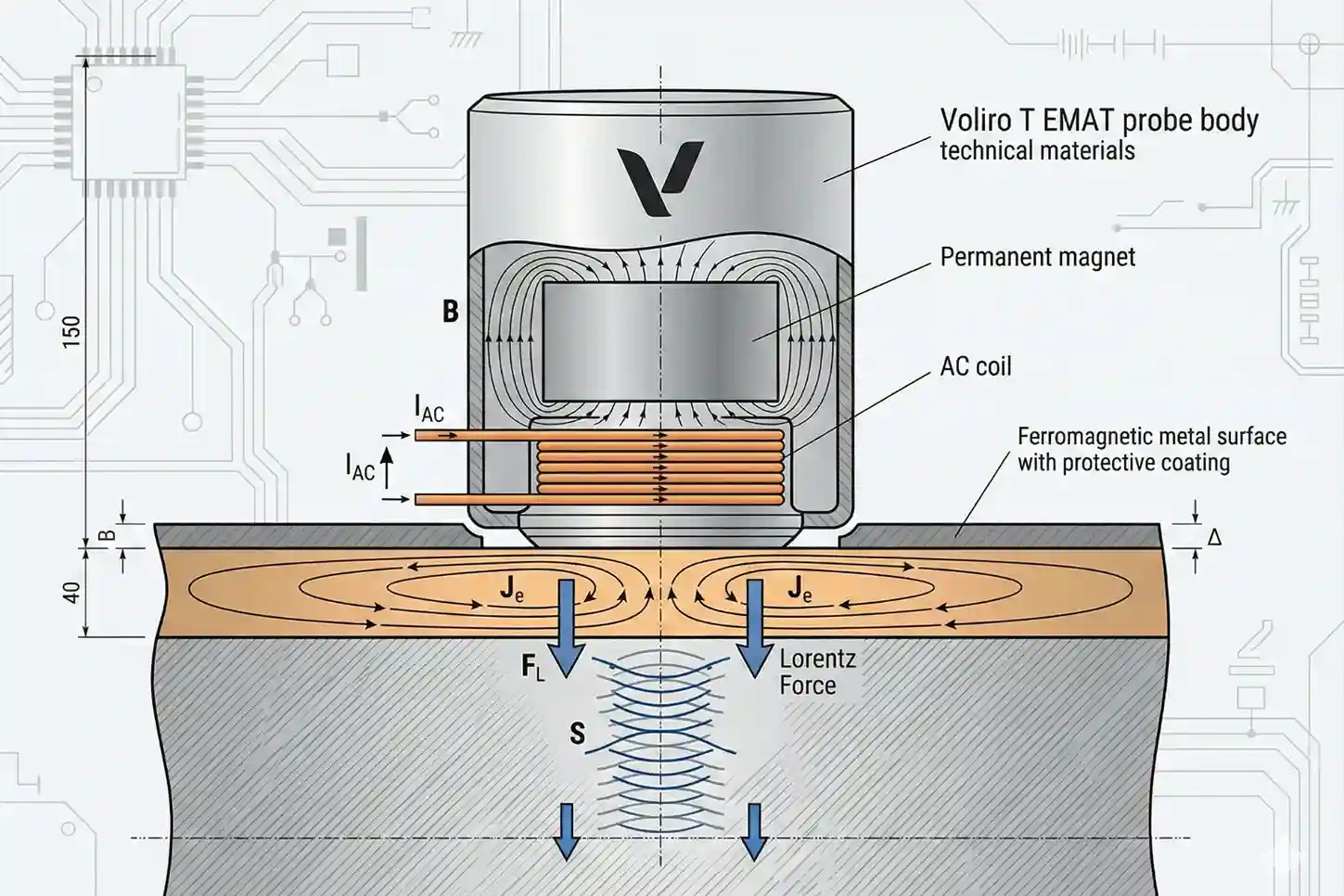 Technical diagram of an EMAT transducer showing how magnetic fields and alternating currents generate sound waves directly in a metallic surface.