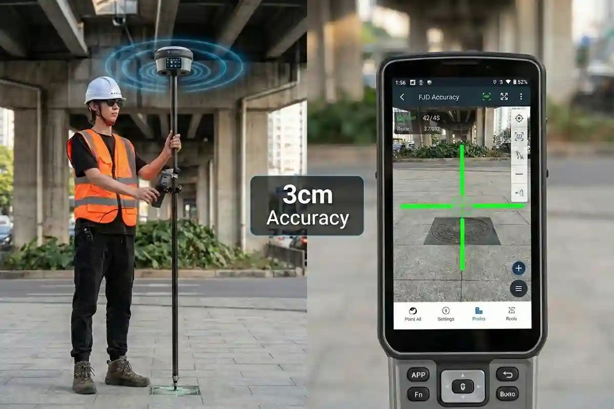 FJD Trion V10i AR interface showing remote coordinate measurement with 3cm accuracy.