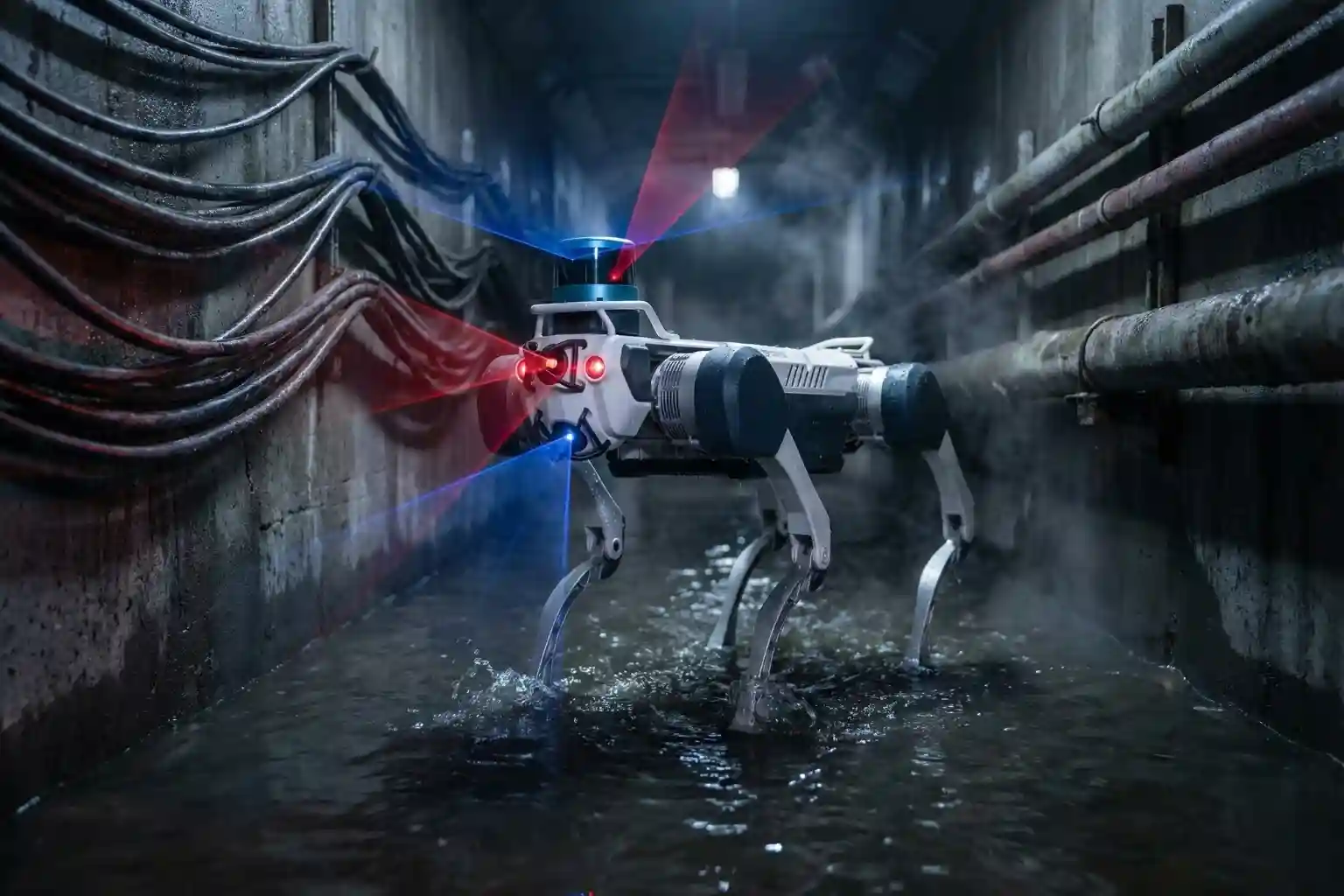 Deep Robotics X30 robot inspecting a dark, wet industrial tunnel using its 360-degree LiDAR and thermal cameras.