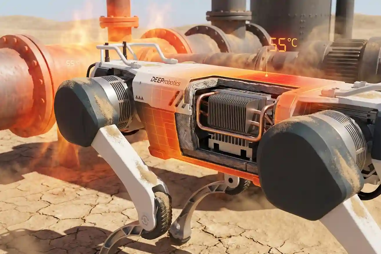 Close-up of Deep Robotics X30 high-torque actuators and chassis designed for 55 °C desert temperatures.