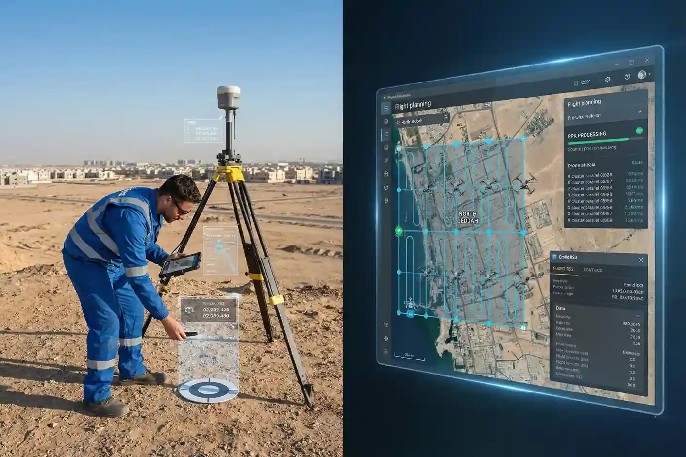 A surveyor setting a ground control point alongside a drone flight mission plan for large-scale cluster-based mapping.