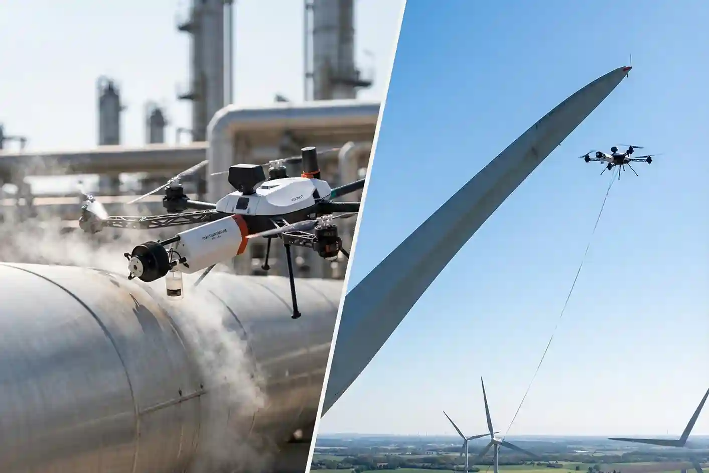 Voliro T high-temperature UT payload measuring a hot pipe at 260°C and the LPS tester on a wind turbine.