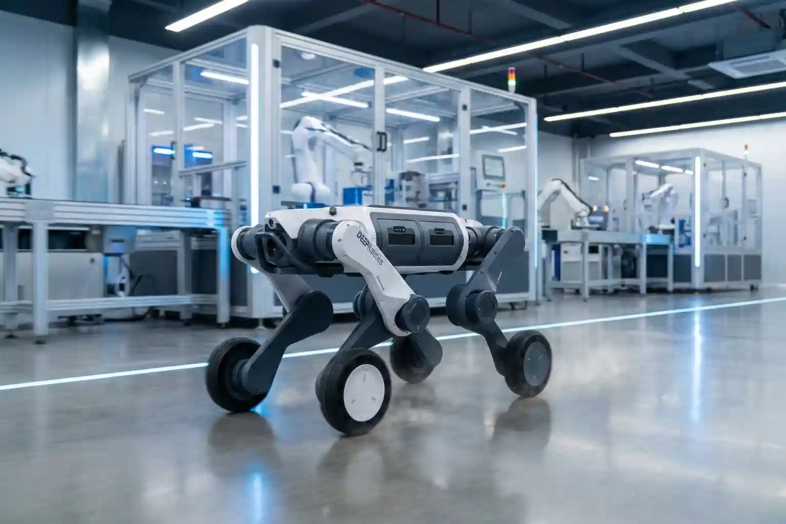 LYNX M20 wheeled-legged robot in high-efficiency wheeled mode on a refinery floor.