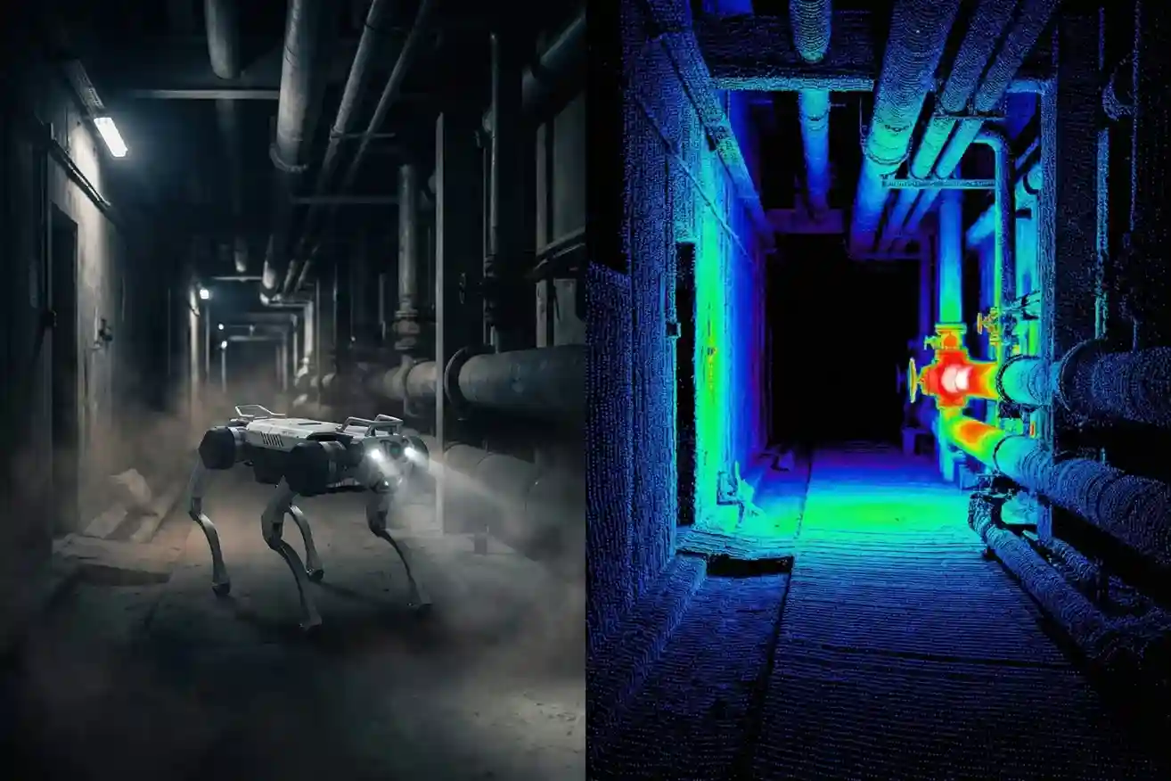 Split-screen showing the X30 in a dark tunnel next to its real-time 3D LIDAR occupancy grid and thermal leak detection.