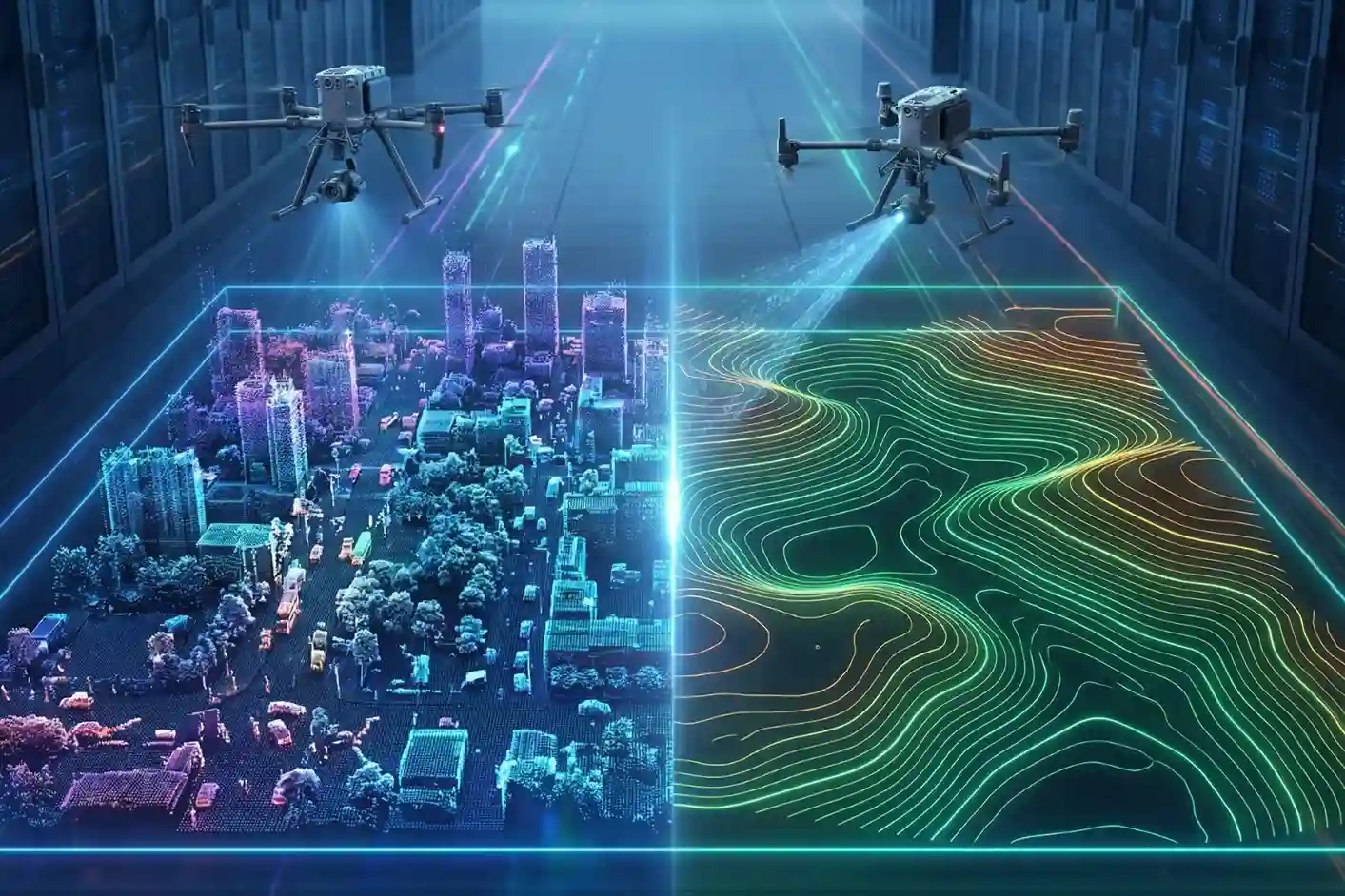 Comparison between a Digital Surface Model and a bare-earth Digital Terrain Model with contour lines for engineering design.