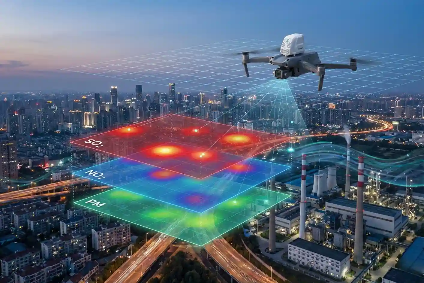 Sniffer4D Nano 2+ mapping 3D spatial air pollutant distributions over an urban area.
