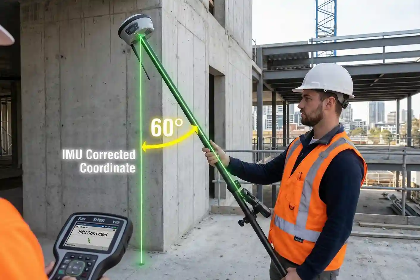 Technical diagram showing FJD Trion IMU tilt compensation accurately measuring a building corner at a 60-degree tilt.
