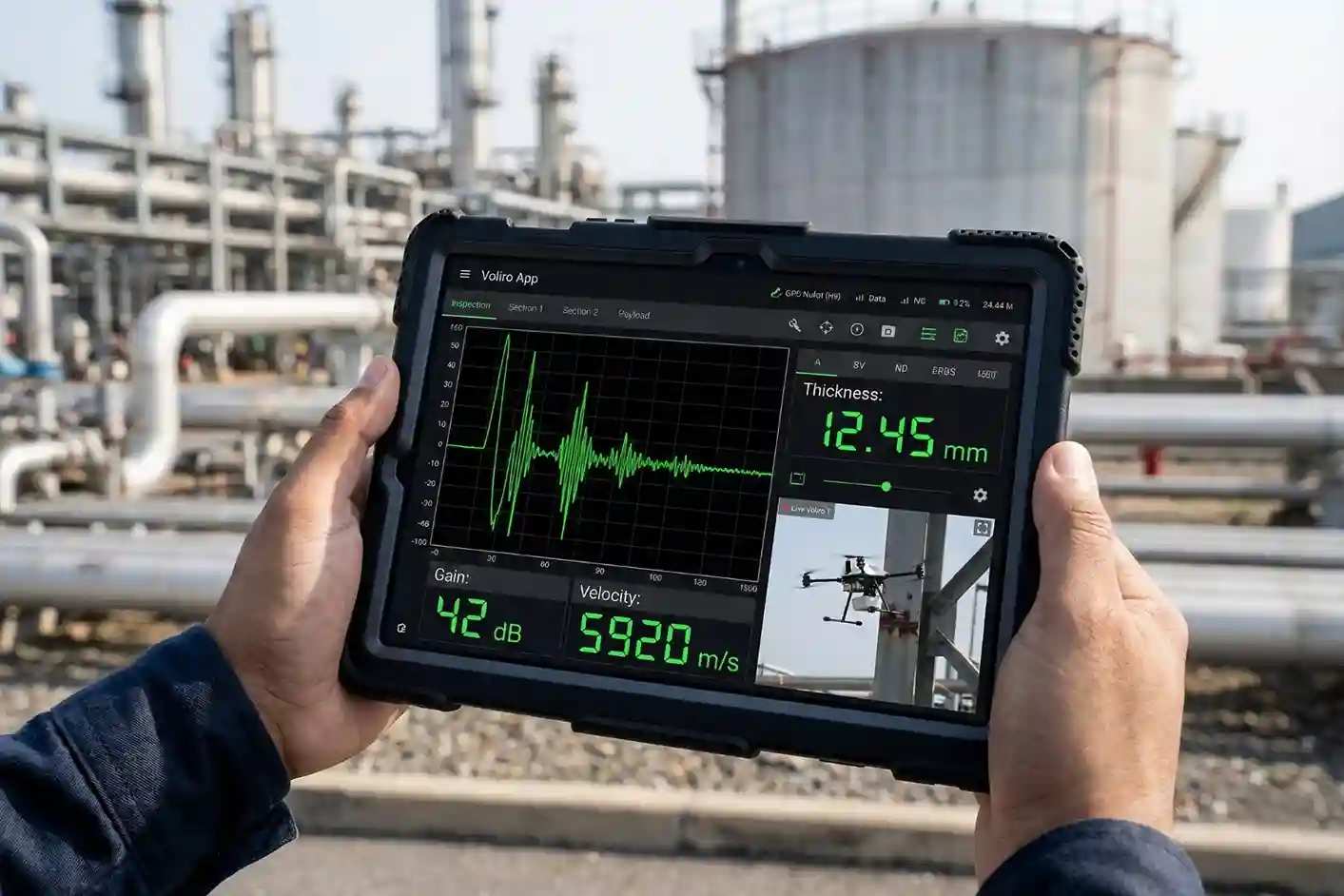 Tablet interface displaying live A-scan data visualization from the Voliro App during a drone NDT inspection.