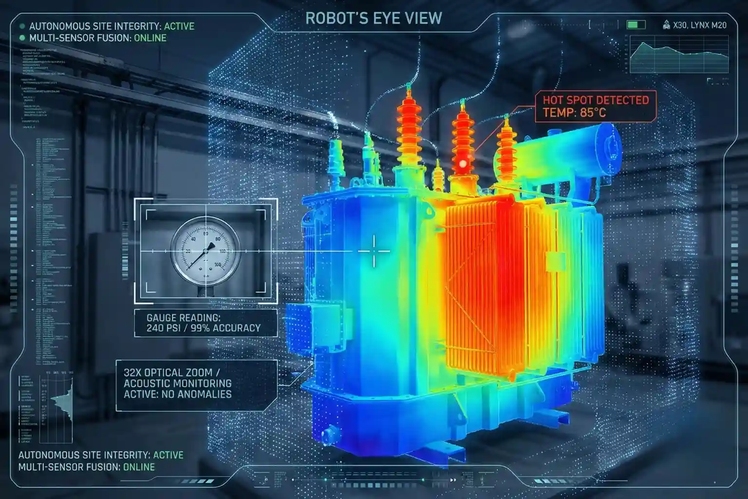 Technical visualization of a 3D point cloud and thermal heat map generated by a Deep Robotics platform during an inspection.