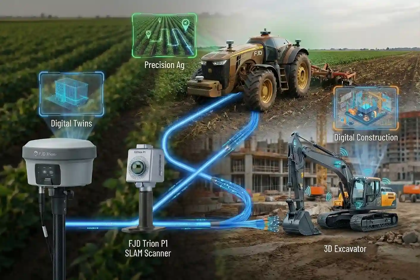 Infographic showing FJD Trion GNSS receivers acting as the data backbone for scanners, autonomous tractors, and digital construction equipment.