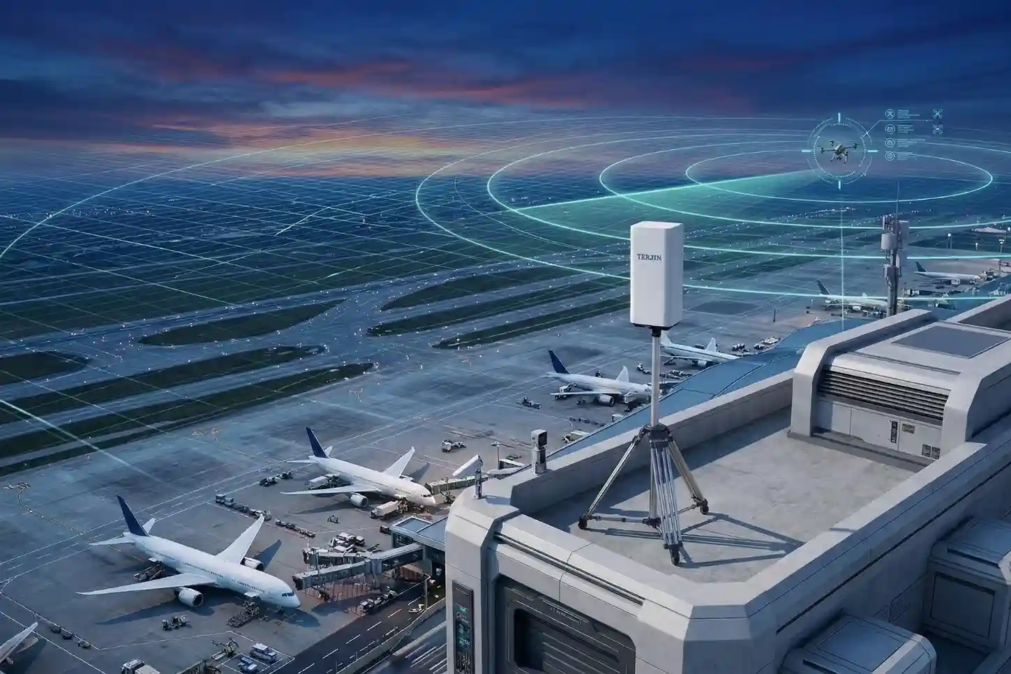TDOA drone detection system monitoring an airport's restricted airspace with a 6km early warning radius.