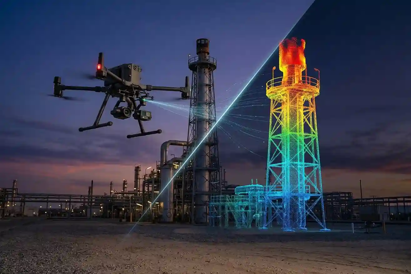 A split-screen showing a drone inspecting a petrochemical flare stack and its corresponding 3D digital twin model.
